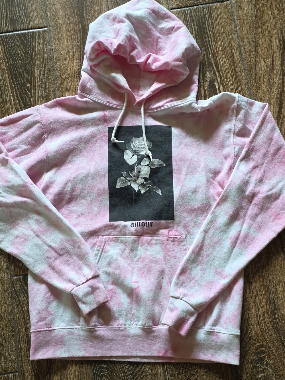 Artist Union Clothing Co. Pink and White Tie-Dye 'Amour' Rose Graphic Hoodie